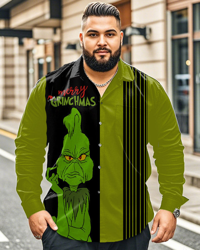 Men's Christmas Monster Color-coded Printed Plus Size Long-sleeved Shirt