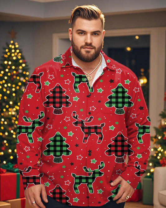 Christmas Tree Plaid Individual Printed Large Size Men's Long-sleeved Lapel Shirt