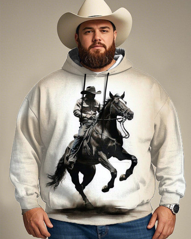 Western Riding Cowboy Print Large Size Men's Hooded Sweatshirt