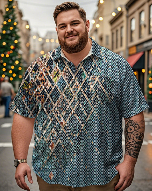 Plus-size Men's Short-sleeved Shirt with Multicolored Plaid Lapel