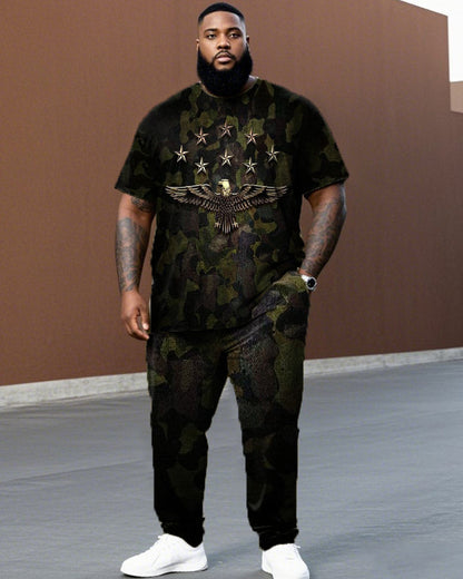 Camouflage Printed Large Size Short Sleeve T-shirt and Trousers Men's Suit