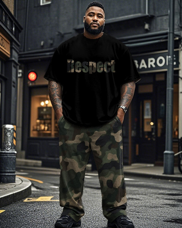 Camo Round Neck Short Sleeve T-shirt and Trousers Plus Size Suit