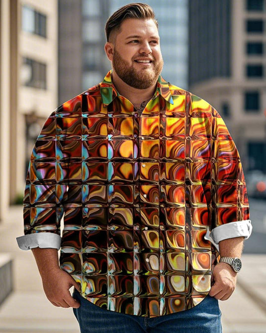 Colored Glazed Printed Lapel Long-sleeved Plus-size Shirt for Men