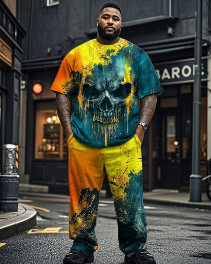 Skull Color Matching Print Short-sleeved T-shirt and Trousers Large Size Men's Suit