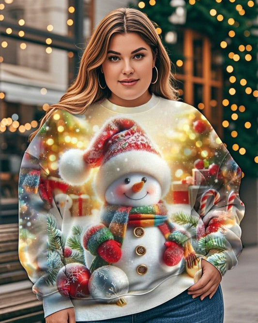 Ladies Cute Christmas Snowman Print Round Neck Plus Size Top