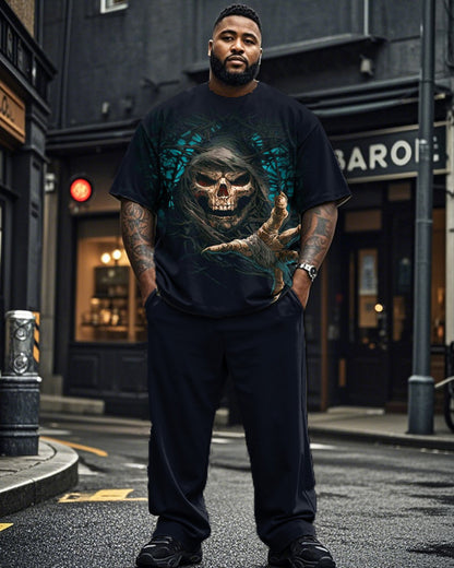 Dark Skull Print Round Neck T-Shirt Trousers Large Size Men's Suit