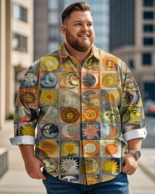 Vintage Glazed Printed Lapel Long-sleeved Plus-size Men's Shirt