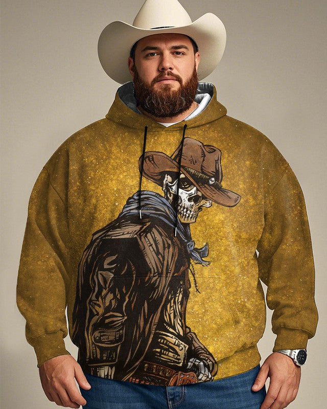 Western Skull Print Large Size Men's Hooded Sweatshirt