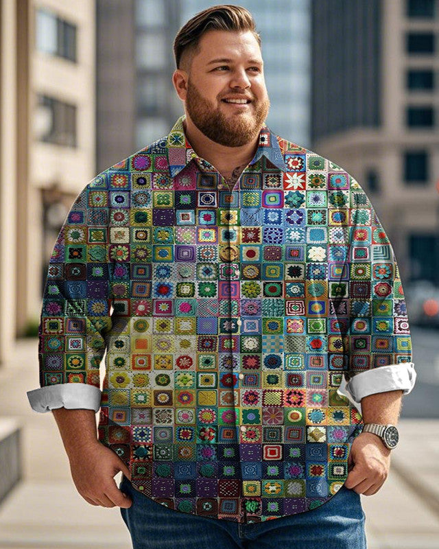 Vintage Printed Lapel Long-sleeved Plus-size Men's Shirt