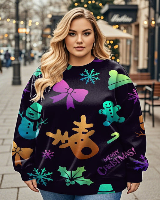 Ladies Cute Christmas Print Crew Neck Plus Size Top