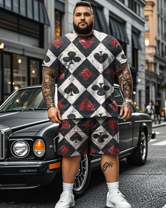 Street Color Diamond Check Printed Short Sleeve T-shirt Shorts Plus Size Men's Suit