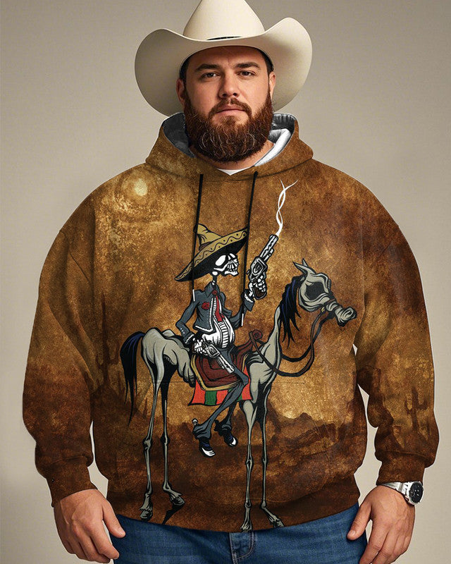 Western Skull Horse Riding Print Large Size Men's Hooded Sweatshirt