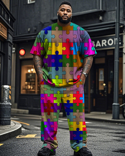 Color Puzzle Short-sleeved T-shirt and Trousers Plus Size Men's Suit