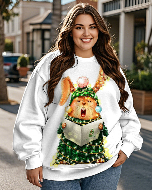 Plus Size Women's Christmas Bunny Cartoon Long Sleeve Round Neck Sweatshirt