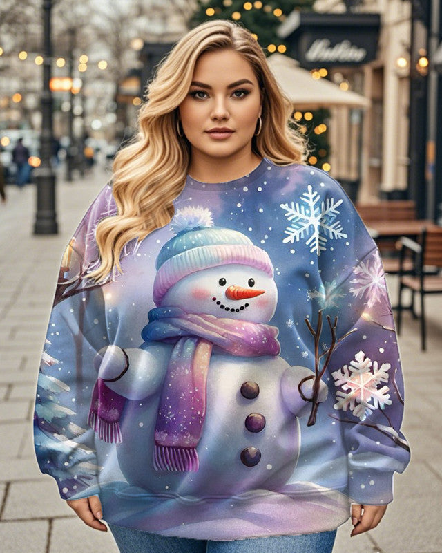 Women's Colorful Christmas Snowman Print Round Neck Plus Size Top