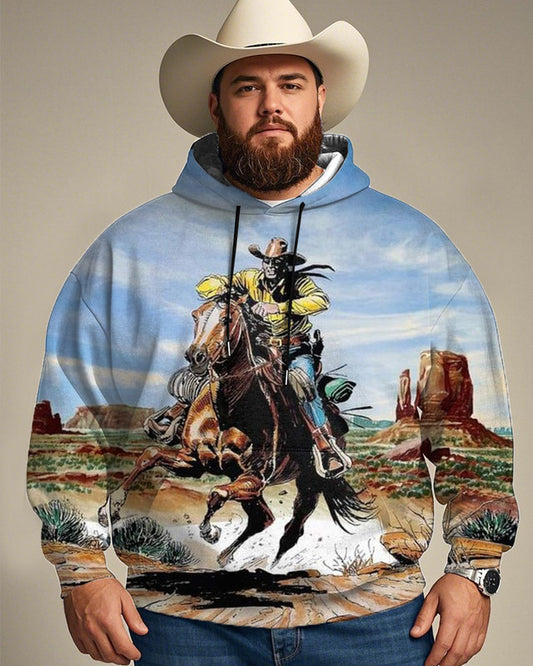 Western Oil Painting Printed Large Size Men's Hooded Sweatshirt