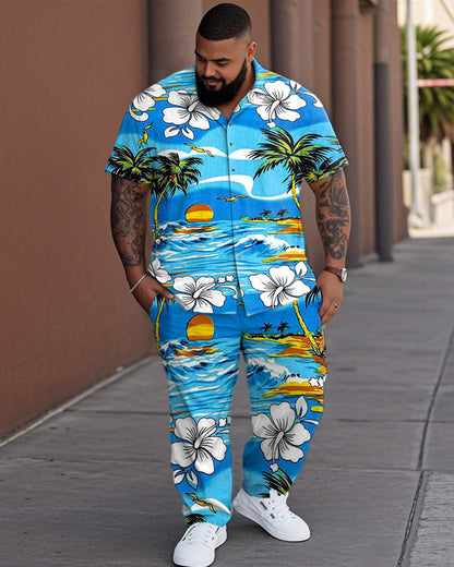 Coconut Tree Vacation Short Sleeve Shirt Pants Plus Size Suit