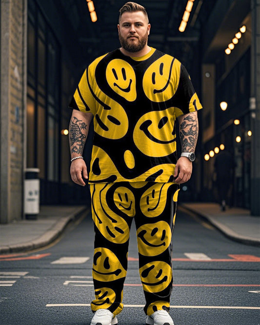 Smiley Face Colorblock Print Oversized Short Sleeve Men's Suit