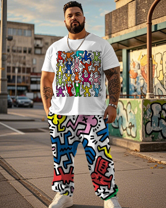 Colorful Cartoon Stickman Print Large Size Short-sleeved Men's Suit