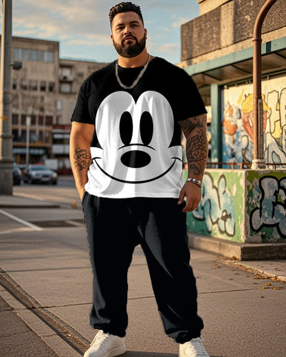 Color Cartoon Personality Print Large Size Short-Sleeved T-Shirt Trousers Men's Two-Piece Set