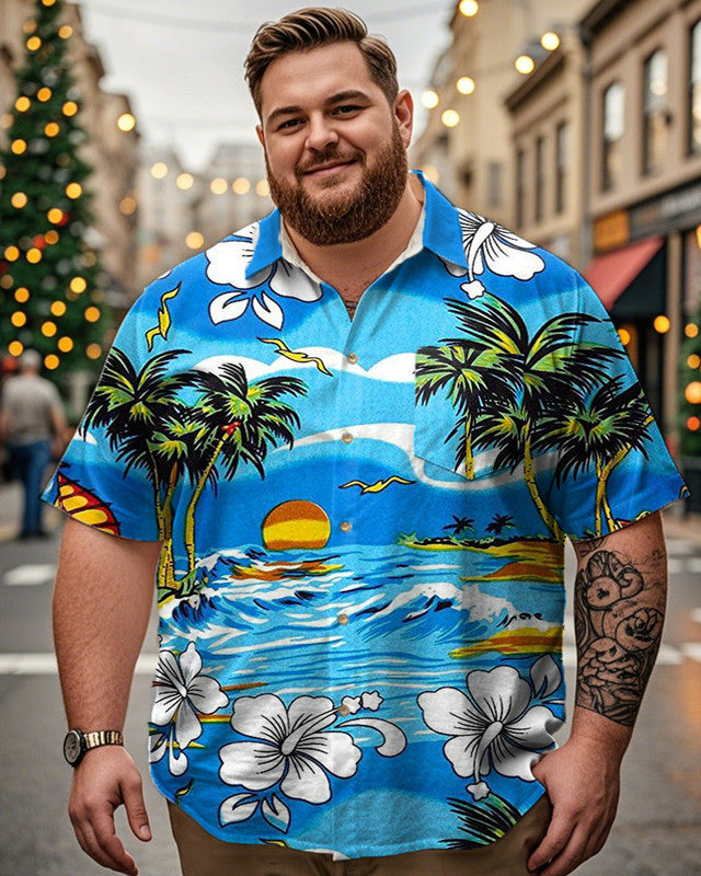 Resort Style Floral Beach Print Lapel Short-sleeved Plus-size Shirt