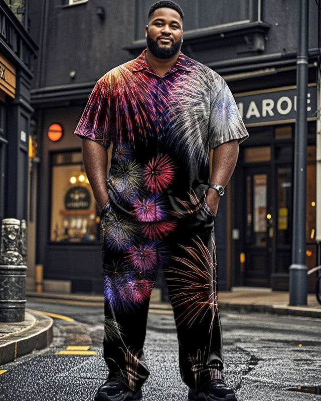 Colorful Fireworks Print Short-sleeved Shirt and Trousers Plus Size Men's Suit