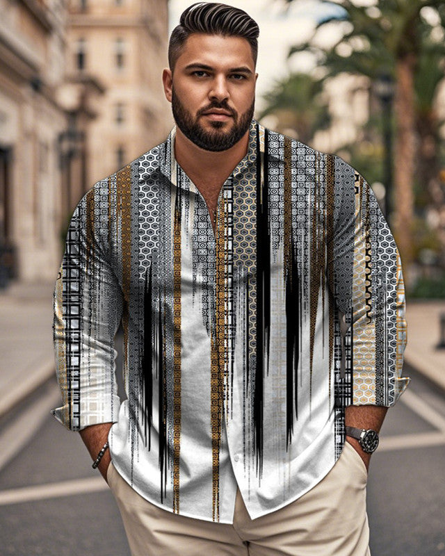 Men's Geometric Vintage Print Plus Size Long-sleeved Shirt