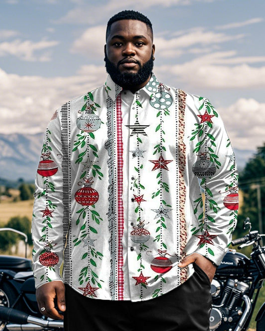 Christmas Print Plus Size Men's Long-sleeved Lapel Shirt