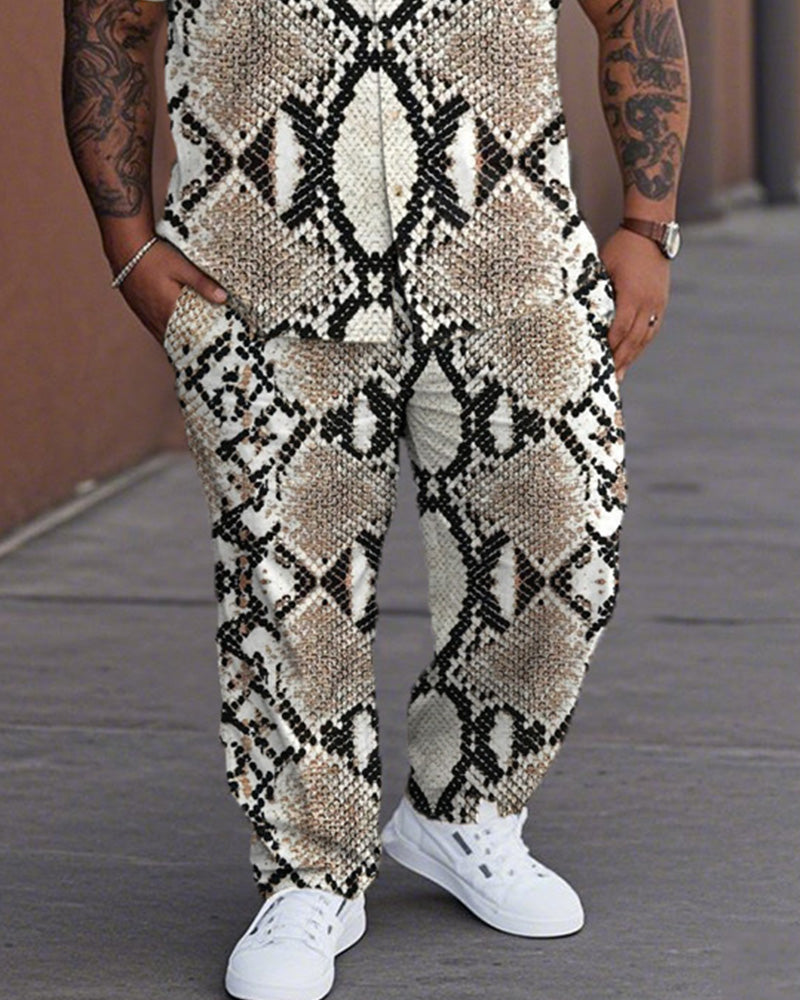 Snake Print Oversized Short-sleeved Shirt and Trousers Men's Suit