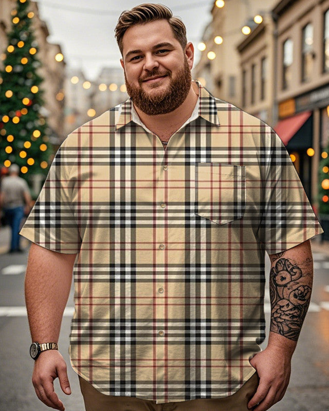 Vintage Plaid Lapel Plus-size Men's Short-sleeved Shirt