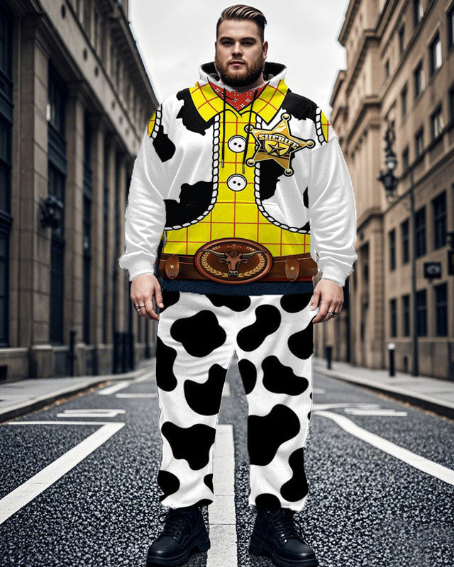 Men's Cartoon Western Cow Plus Size Hoodie Pant Two-piece Set