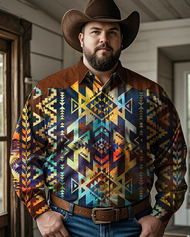 Western Colorblock Geometric Print Oversized Men's Long Sleeve Shirt