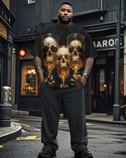 Skull Wine Glass Large Size Men's Short Sleeve T-Shirt and Pants Set