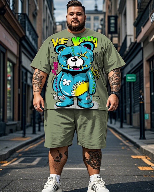 Wounded Bear Print Short Sleeve Shorts Plus Size Men's Suit