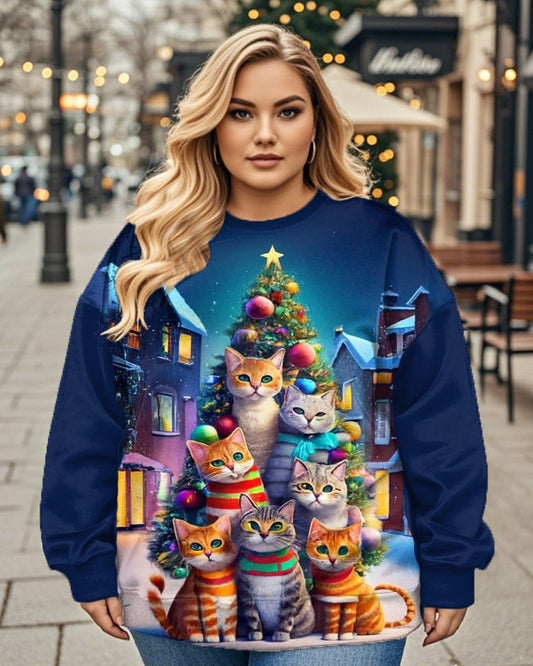 Women's Snow Santa Kitty Print Crew Neck Plus Size Top