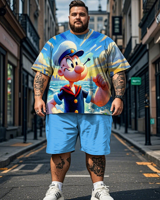 Popeye Oil Printed Short Sleeve Shorts Plus Size Men's Suit