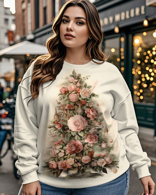 Christmas Tree Rose Print Large Size Long Sleeve Crew-neck Top