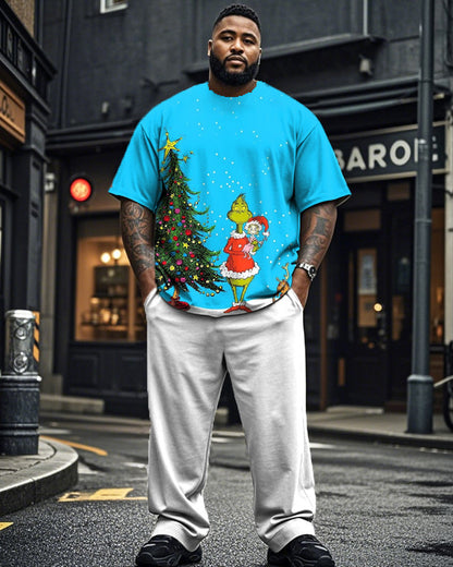 Christmas Cartoon Print Short Sleeve Top and Trousers Plus Size Suit