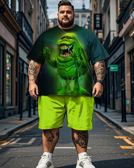 Monster Print Short Sleeve Shorts Plus Size Men's Suit