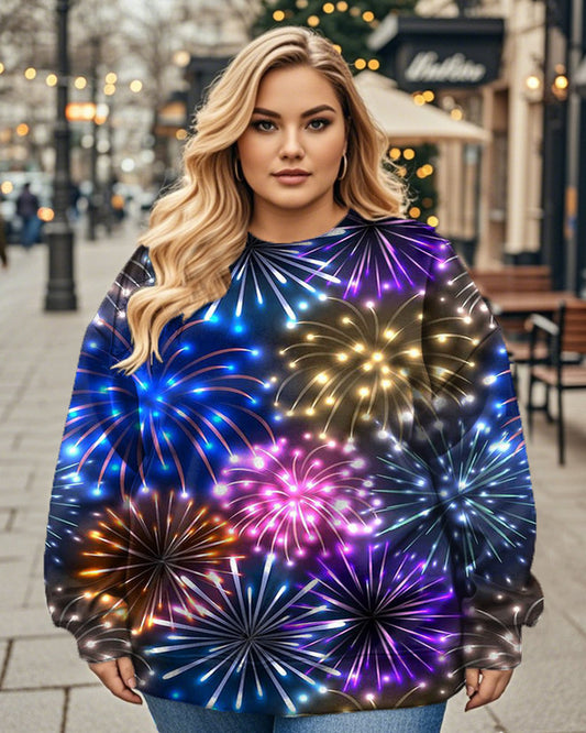 Women's Christmas Fireworks Personalised Printed Crew Neck Plus Size Top