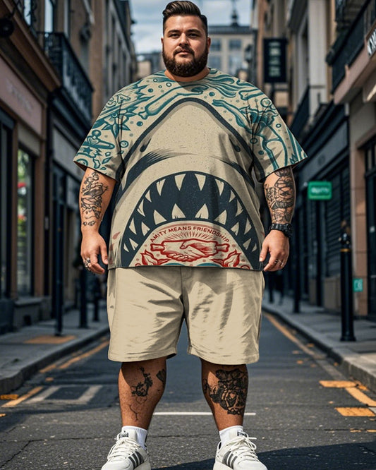 Japanese Shark Print Short Sleeve Shorts Plus Size Men's Suit