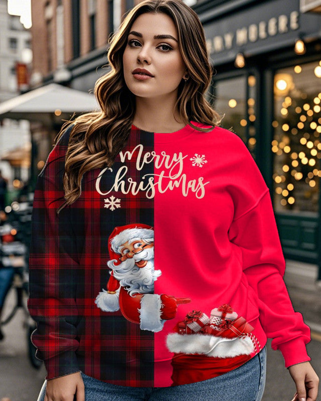 Santa Spliced Plaid Print Crew Neck Plus-size Top