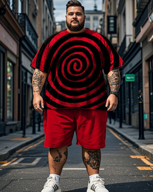 Color Matching Swirl Print Short Sleeve T-shirt Shorts Plus Size Men's Suit