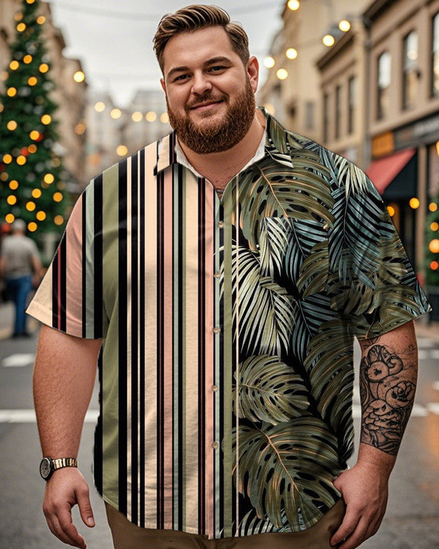 Coconut Tree Patchwork Striped Print Lapel Short-sleeved Plus-size Shirt