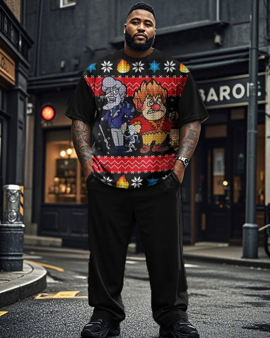 Christmas Cartoon Casual Short-sleeved T-shirt and Trousers Plus Size Men's Suit