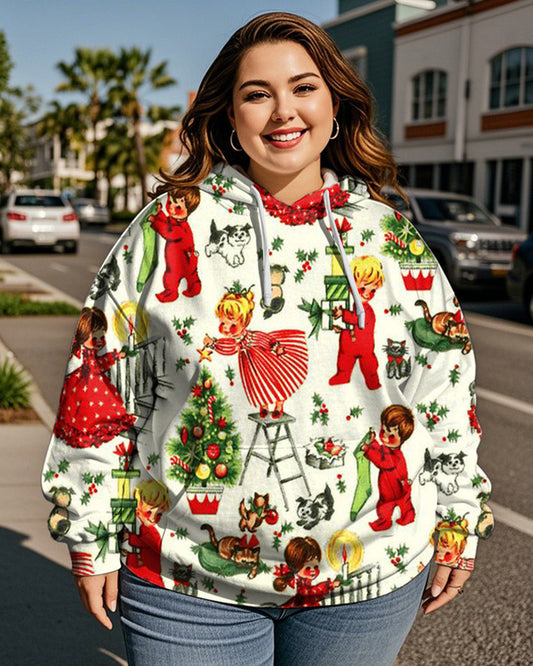 Ladies' Christmas Cartoon Print Plus Size Hooded Long-sleeved Hoodie