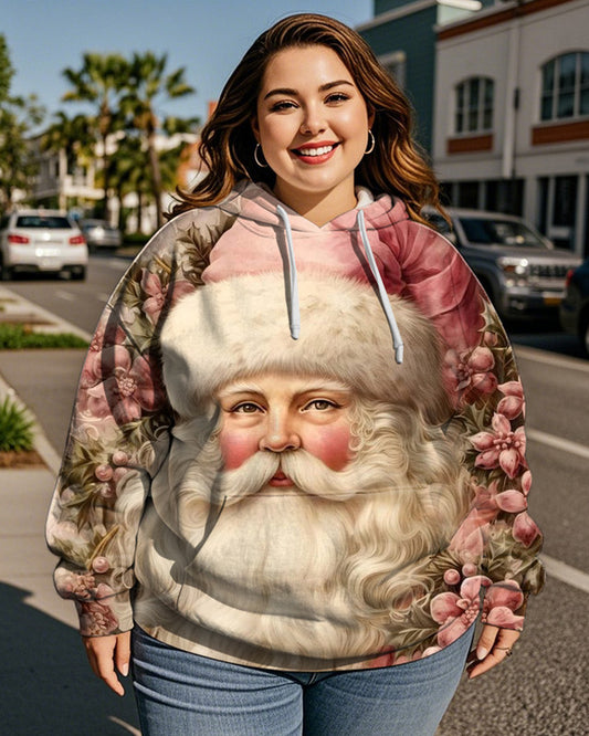 Women's Oversized Hooded Long-sleeved Santa Claus Floral Print Hoodie