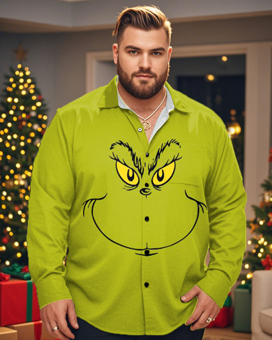 Christmas Monster Print Plus Size Men's Long-sleeved Lapel Shirt