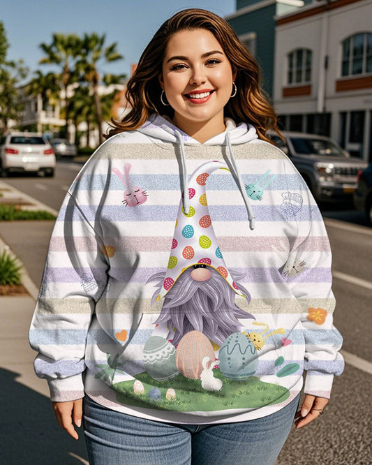 Striped Dwarf Rabbit Print Plus Size Hooded Long-sleeved Hoodie for Women