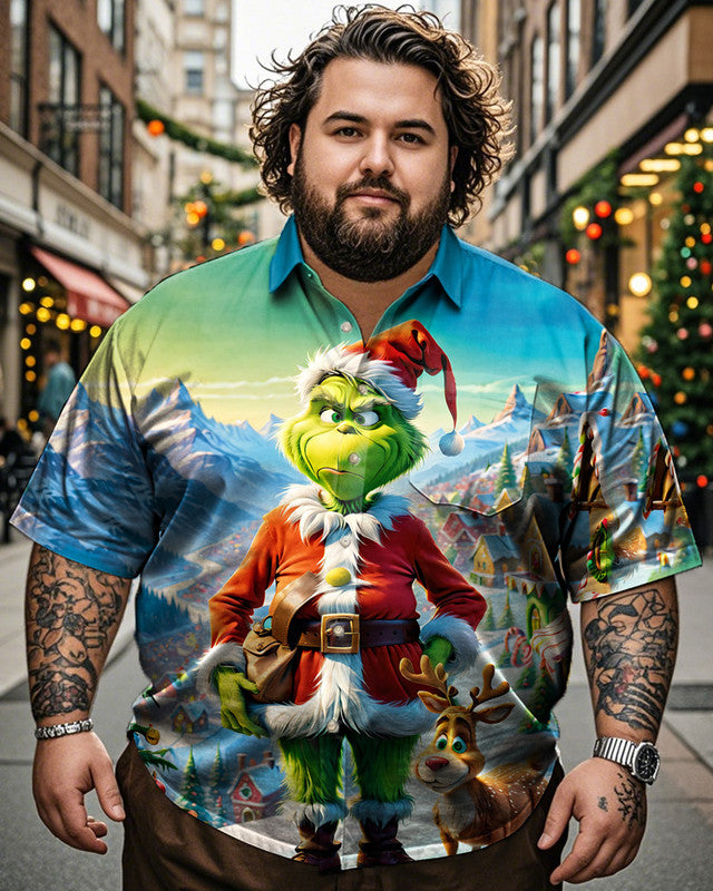 Christmas Cartoon Personalized Lapel Large Size Men's Short-sleeved Shirt